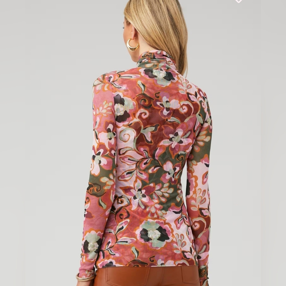 Misa Los Angeles Nadja Pink Floral Mesh Fitted Turtleneck Long Sleeve Blouse - Picture 9 of 12